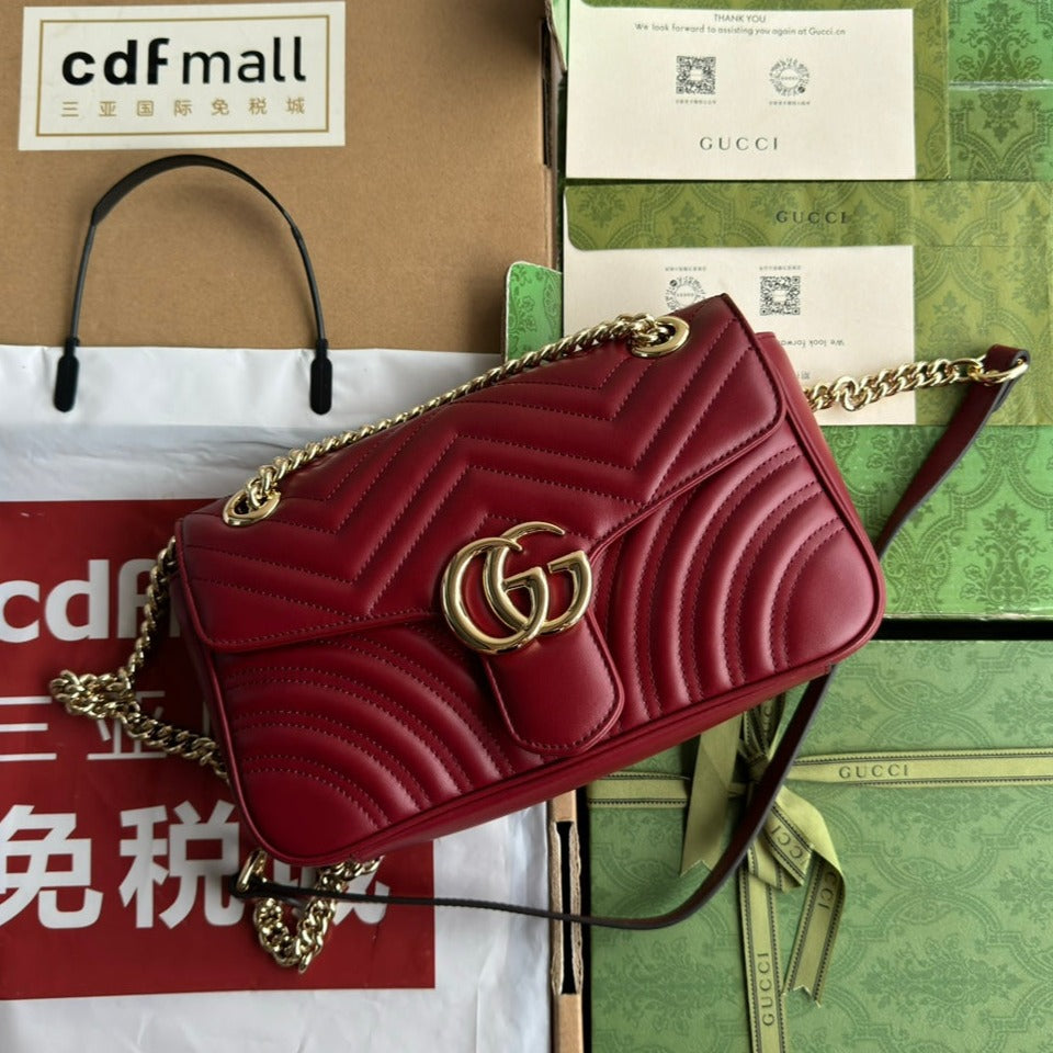 Luxury Gucci gg marmont 26cm dark red calfskin gold hardware