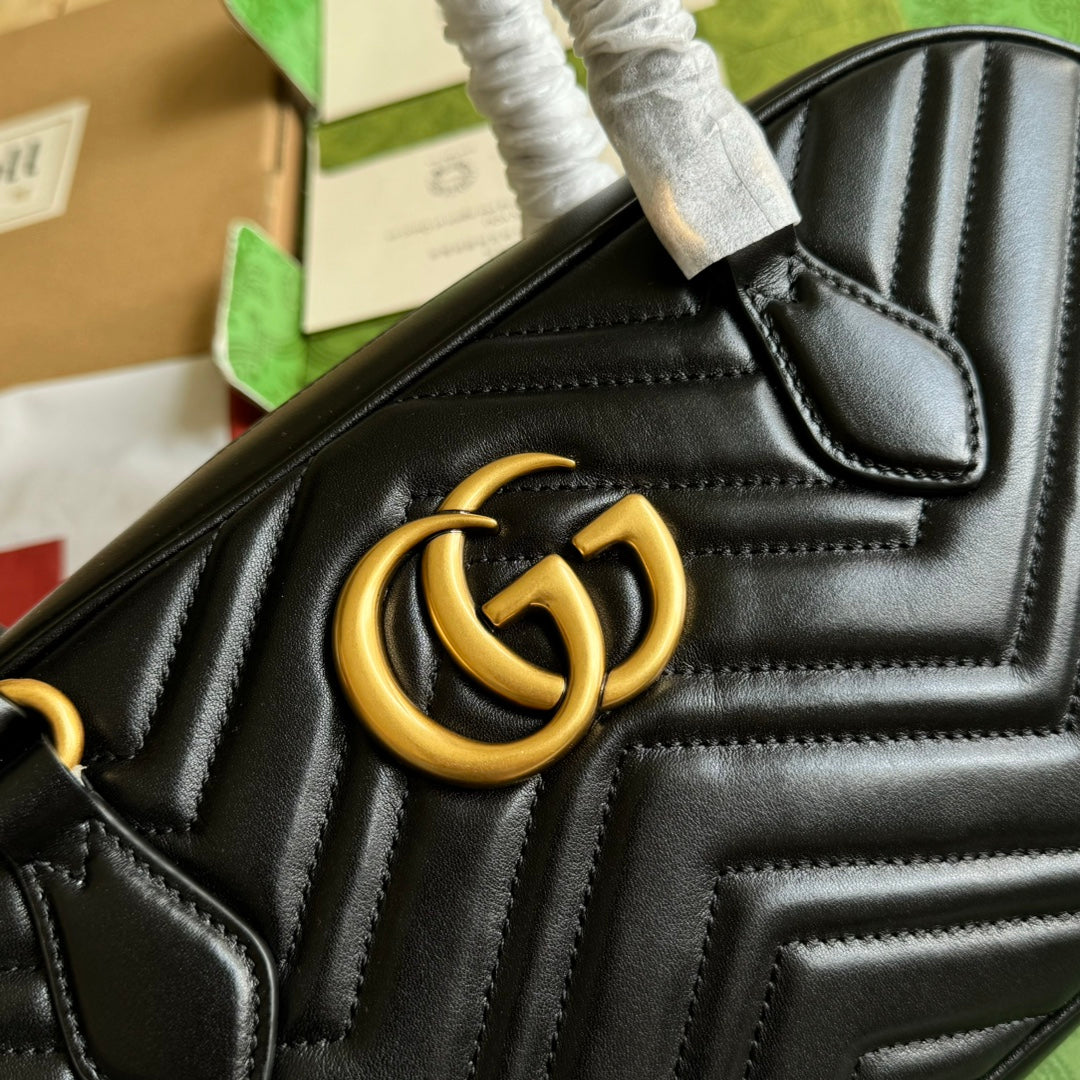 Luxury Gucci gg marmont medium top handle 35cm black calfskin gold hardware