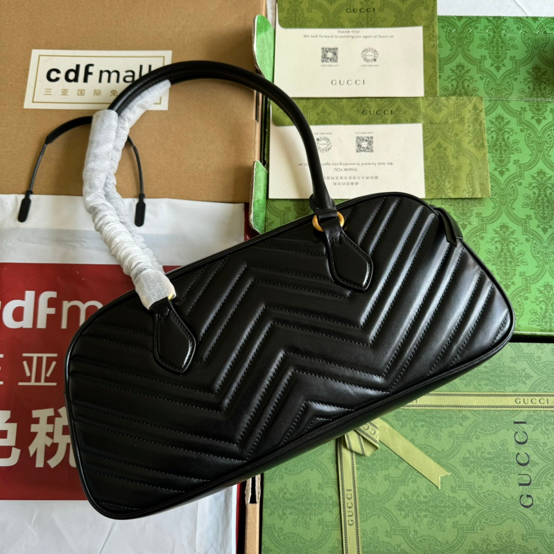 Luxury Gucci gg marmont medium top handle 35cm black calfskin gold hardware