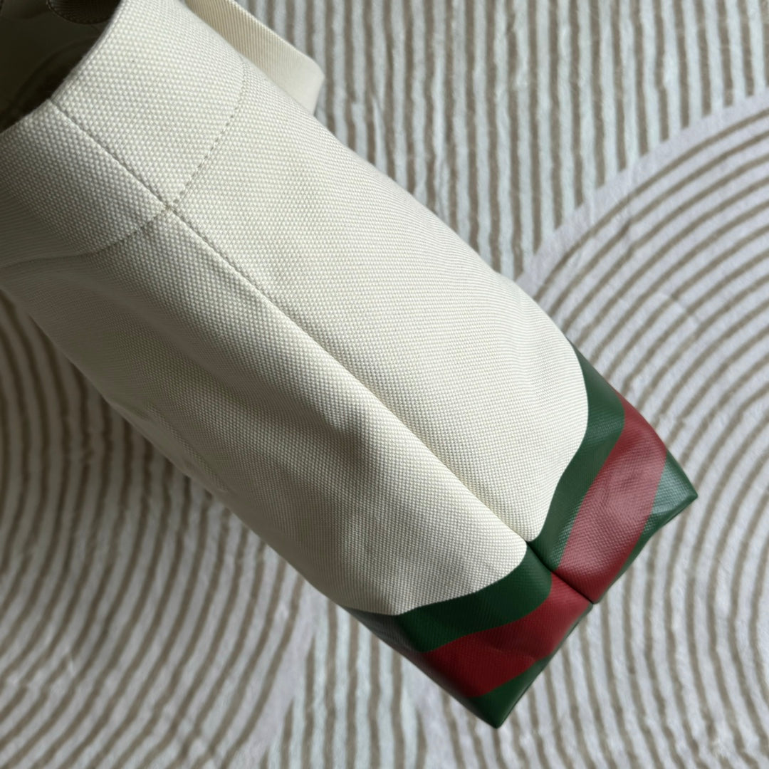 Luxury Gucci TOTE BAG 40 IN WHITE CANVAS WITH WEB TRIM AND EMBOSSED LOGO