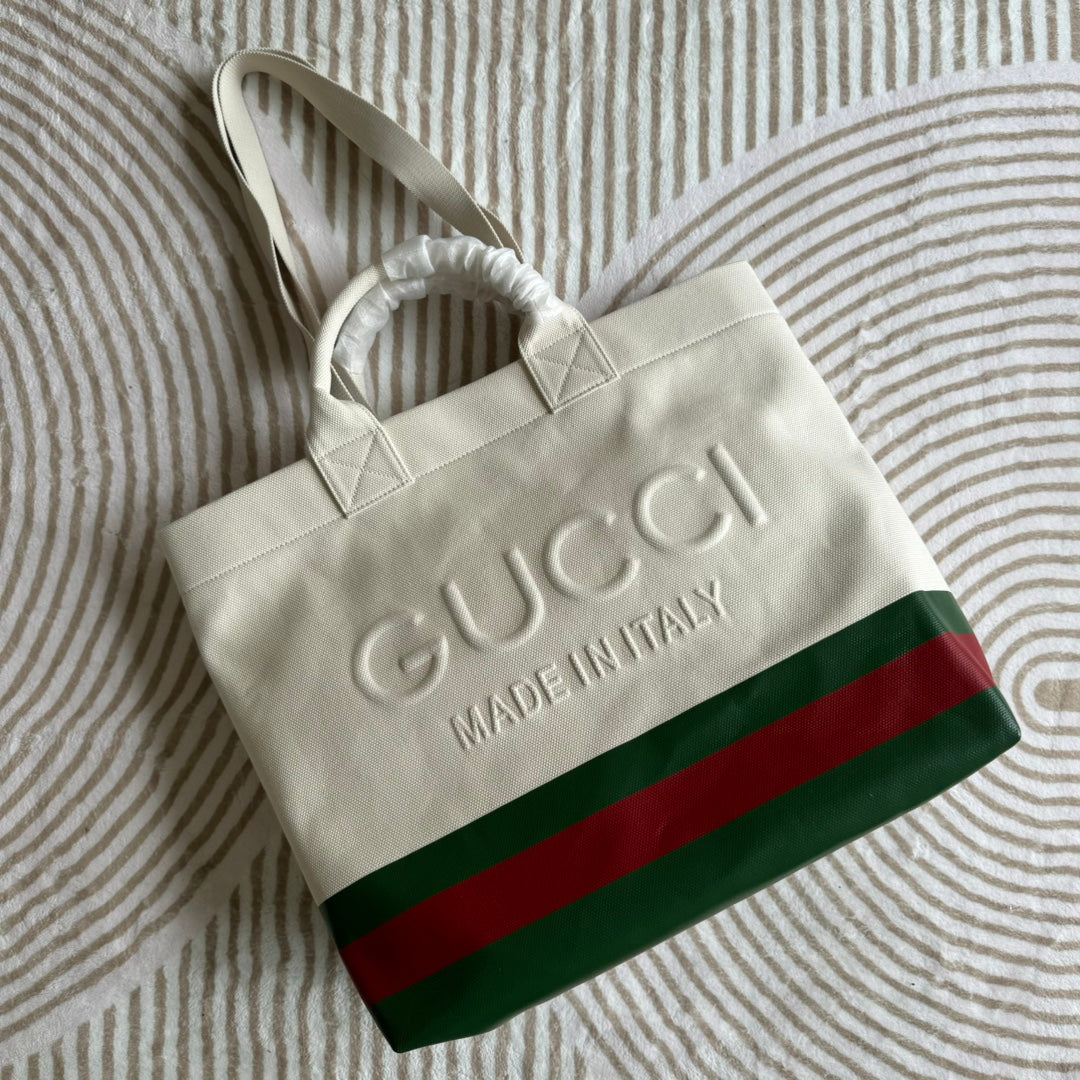 Luxury Gucci TOTE BAG 40 IN WHITE CANVAS WITH WEB TRIM AND EMBOSSED LOGO