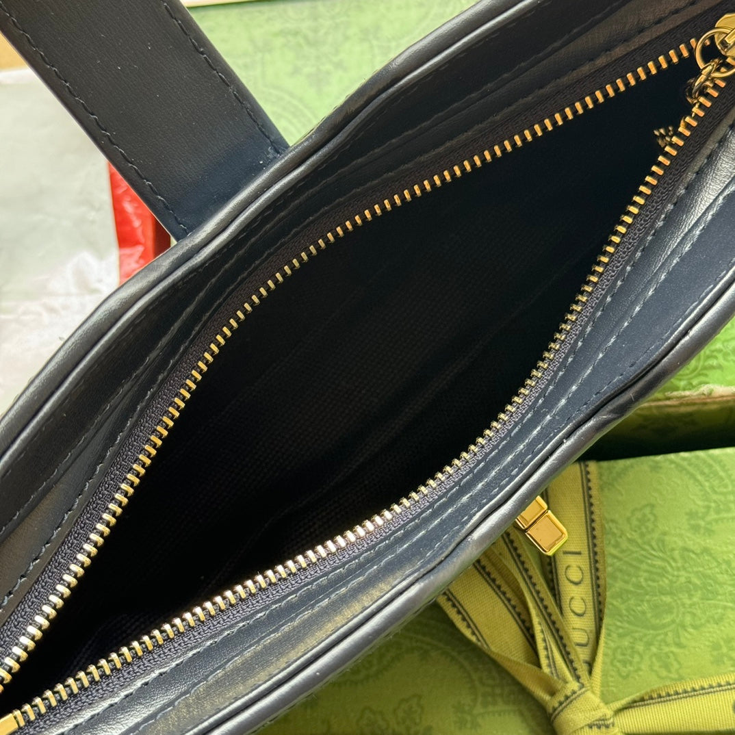 Luxury Gucci MOON SIDE SHOULDER BAG 24 IN BLUE EMBOSSED DENIM AND BLACK CALFSKIN TRIM GOLD HARDWARE