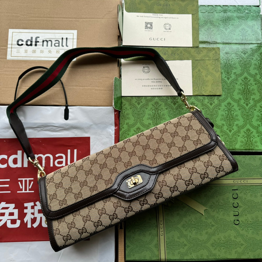 Luxury Gucci LUCE MEDIUM SHOULDER BAG 36 IN BEIGE CANVAS AND DARK BROWN CALFSKIN TRIM GOLD HARDWARE