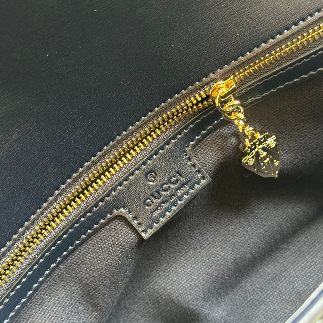 Luxury Gucci LUCE MEDIUM SHOULDER BAG 36 IN LIGHT GRAY CANVAS AND BLACK CALFSKIN TRIM GOLD HARDWARE