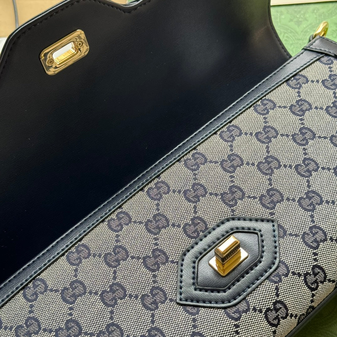 Luxury Gucci LUCE MEDIUM SHOULDER BAG 36 IN LIGHT GRAY CANVAS AND BLACK CALFSKIN TRIM GOLD HARDWARE