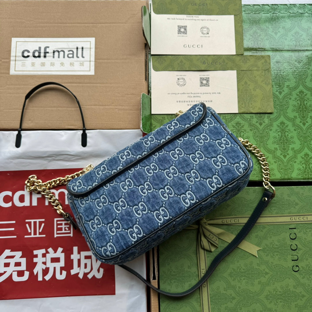 Luxury Gucci gg marmont 26cm blue monogram denim gold hardware