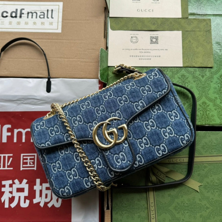Luxury Gucci gg marmont 26cm blue monogram denim gold hardware