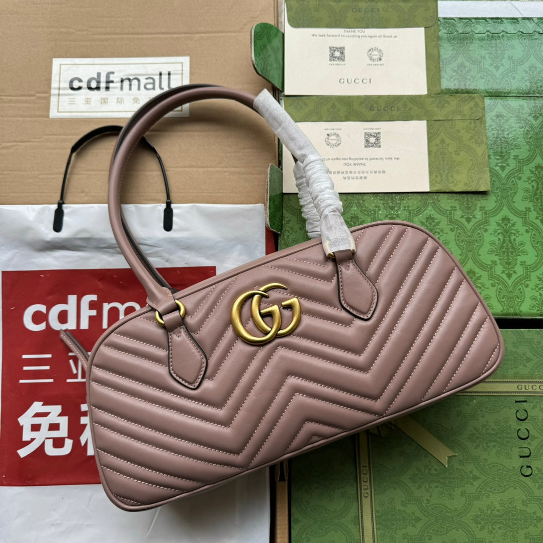 Luxury Gucci gg marmont medium top handle 35cm nude calfskin gold hardware