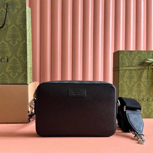 Luxury Gucci SMALL CROSSBODY BAG 24 WITH TAG IN BLACK CALFSKIN AND CANVAS TRIM
