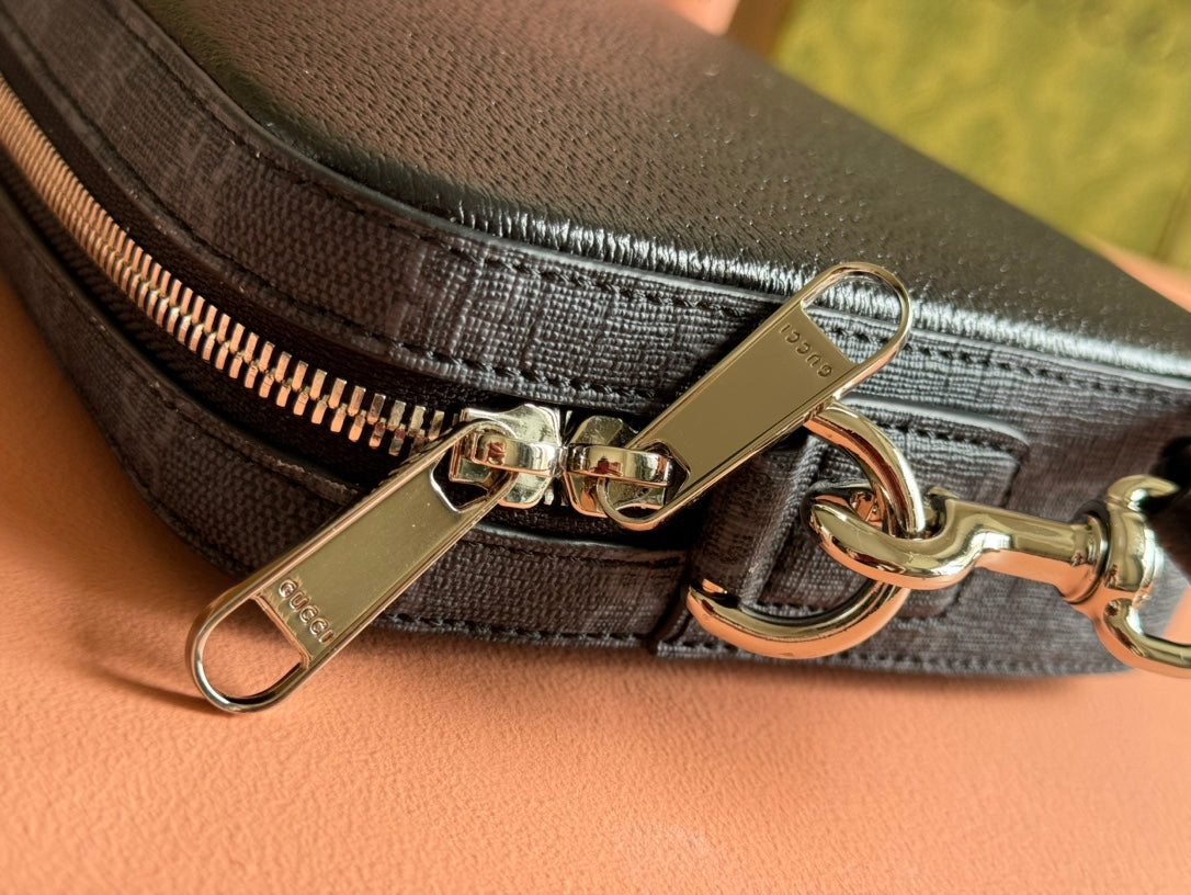 Luxury Gucci SMALL CROSSBODY BAG 24 WITH TAG IN BLACK CALFSKIN AND CANVAS TRIM