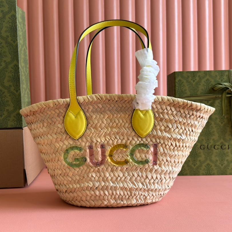 Luxury Gucci SMALL TOTE BAG 20 WITH LOGO IN NATURAL-COLORED STRAW AND YELLOW CALFSKIN HANDLE