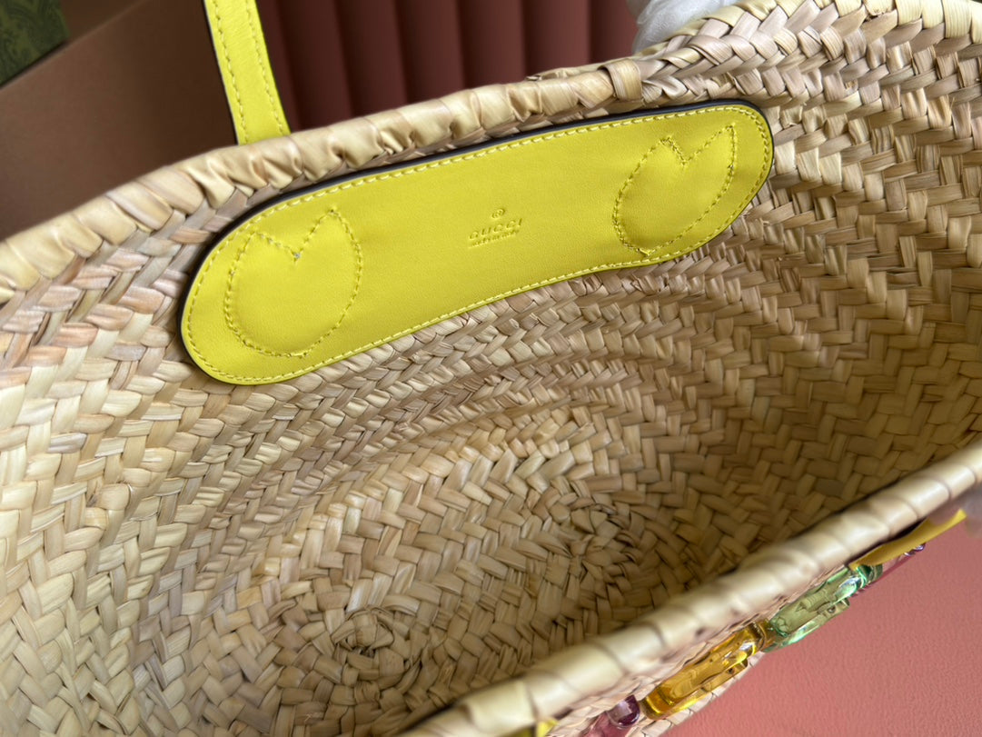 Luxury Gucci SMALL TOTE BAG 20 WITH LOGO IN NATURAL-COLORED STRAW AND YELLOW CALFSKIN HANDLE