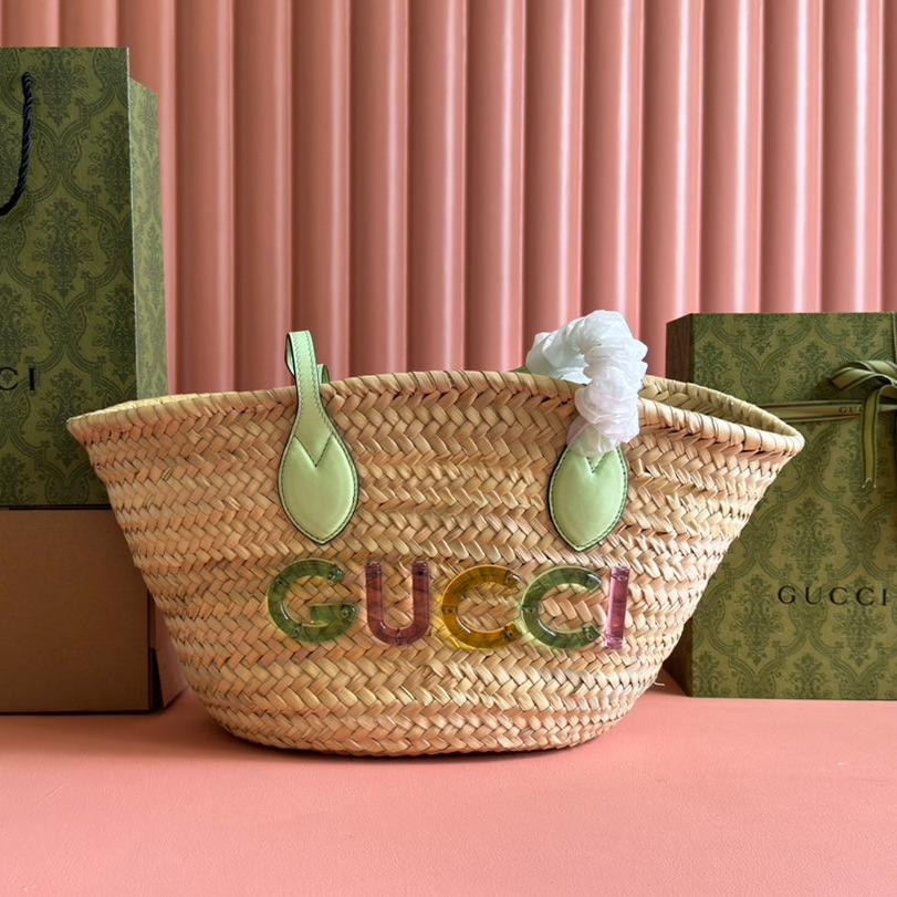 Luxury Gucci SMALL TOTE BAG 26 WITH LOGO IN NATURAL-COLORED STRAW AND LIGHT GREEN CALFSKIN HANDLE