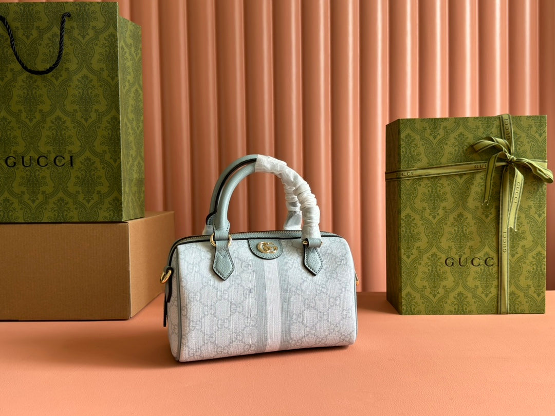 Luxury Gucci OPHIDIA TOP HANDLE BAG 21 IN GREY-GREEN MONOGRAM CANVAS AND CALFSKIN TRIM GOLD HARDWARE