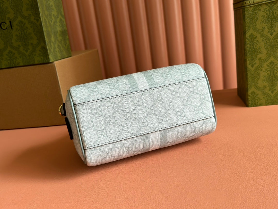 Luxury Gucci OPHIDIA TOP HANDLE BAG 21 IN GREY-GREEN MONOGRAM CANVAS AND CALFSKIN TRIM GOLD HARDWARE