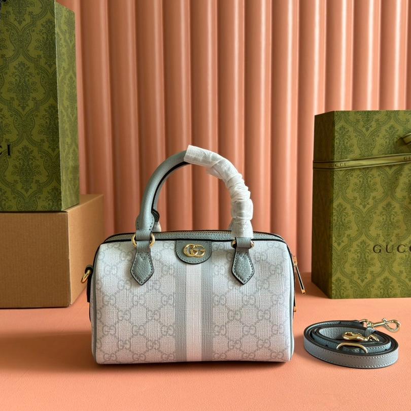 Luxury Gucci OPHIDIA TOP HANDLE BAG 21 IN GREY-GREEN MONOGRAM CANVAS AND CALFSKIN TRIM GOLD HARDWARE