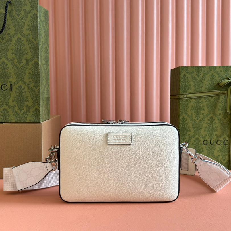 Luxury Gucci SMALL CROSSBODY BAG 24 WITH TAG IN WHITE CALFSKIN AND CANVAS TRIM