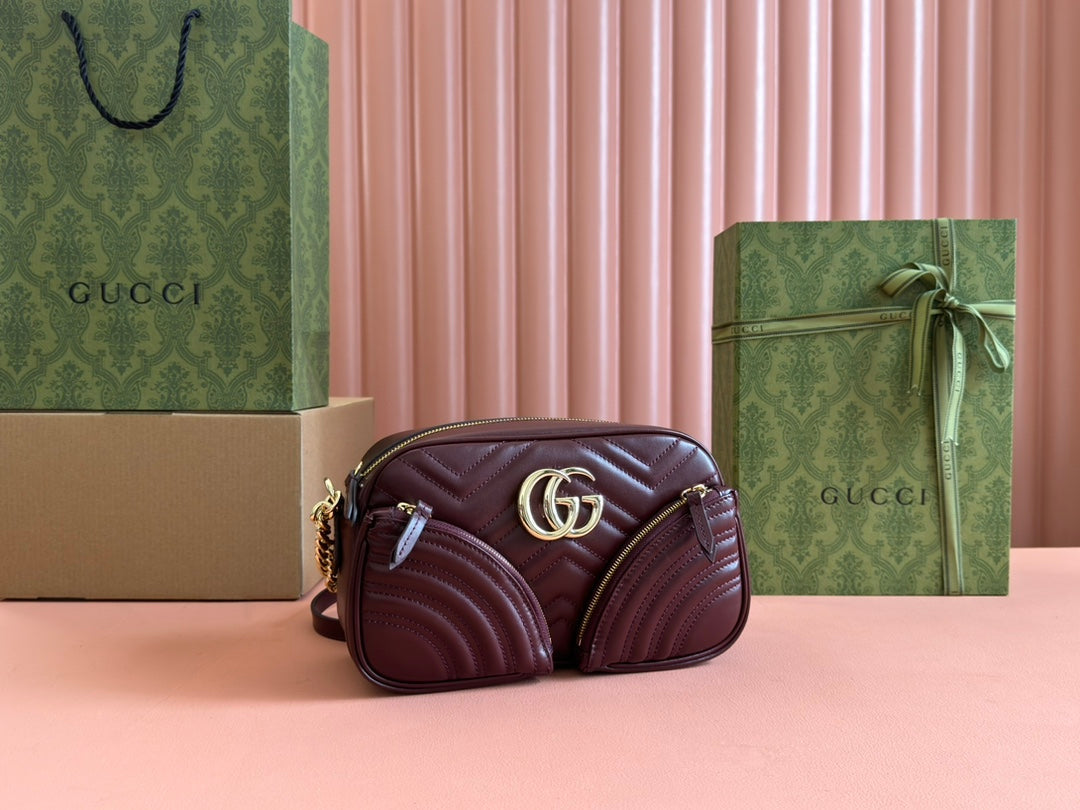 Luxury Gucci MARMONT SMALL SHOULDER BAG 24 IN WINE RED CALFSKIN GOLD HARDWARE