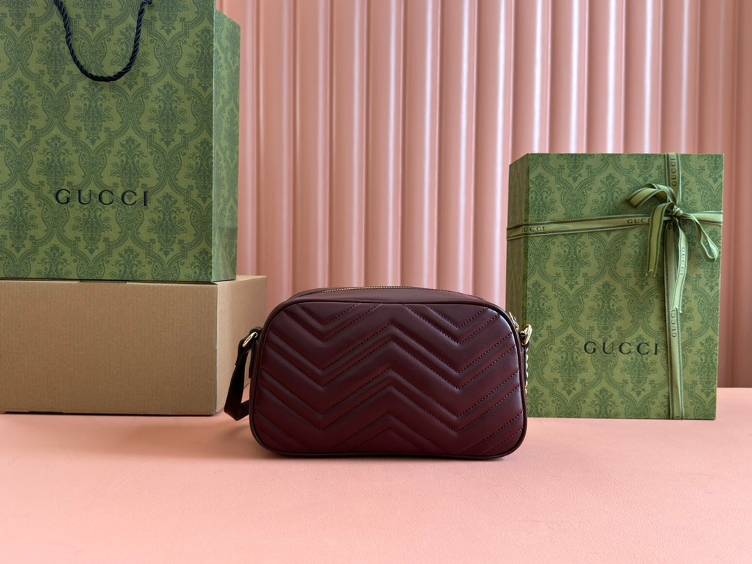 Luxury Gucci MARMONT SMALL SHOULDER BAG 24 IN WINE RED CALFSKIN GOLD HARDWARE