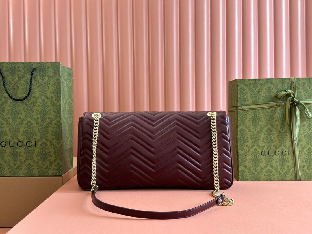 Luxury Gucci MARMONT SHOULDER BAG 40 IN WINE RED CALFSKIN GOLD CHAIN