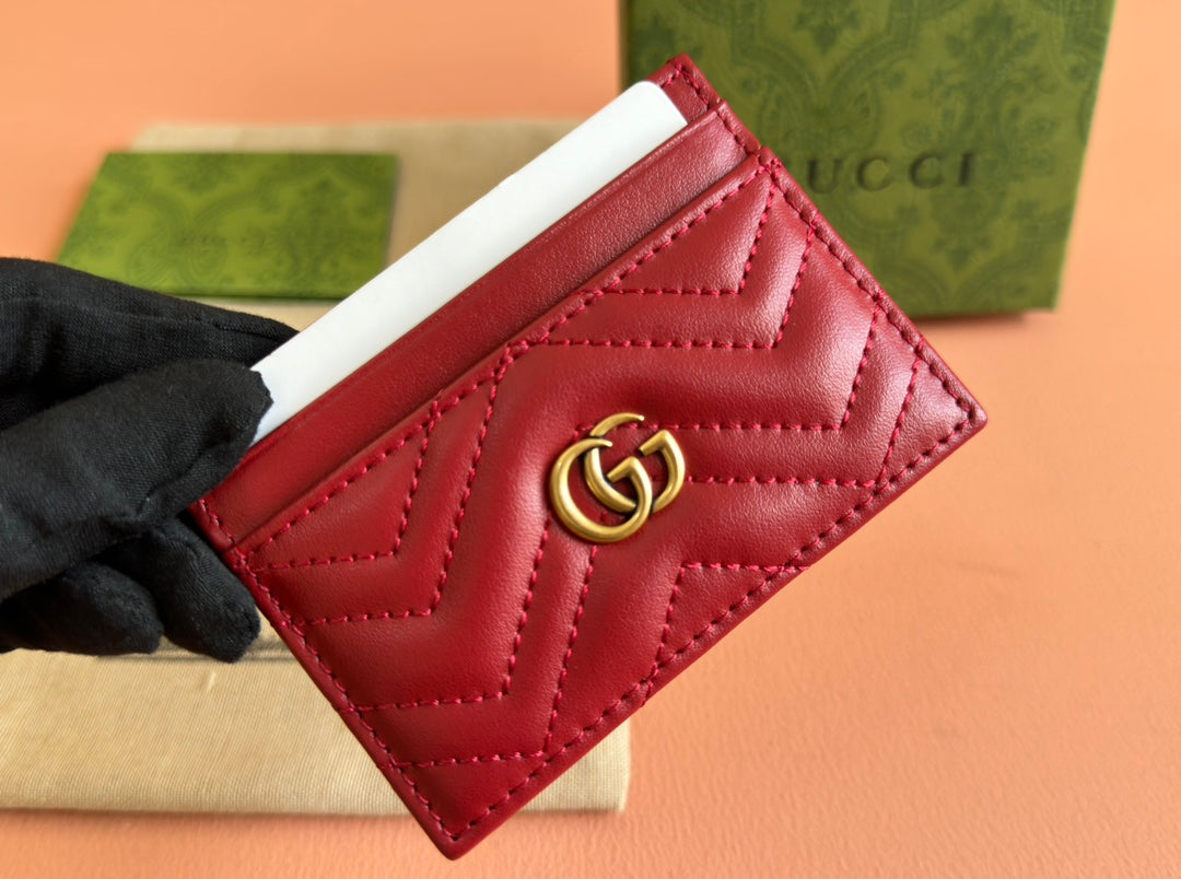 Luxury Gucci MARMONT QUILTED CARD HOLDER 10 IN RED CALFSKIN
