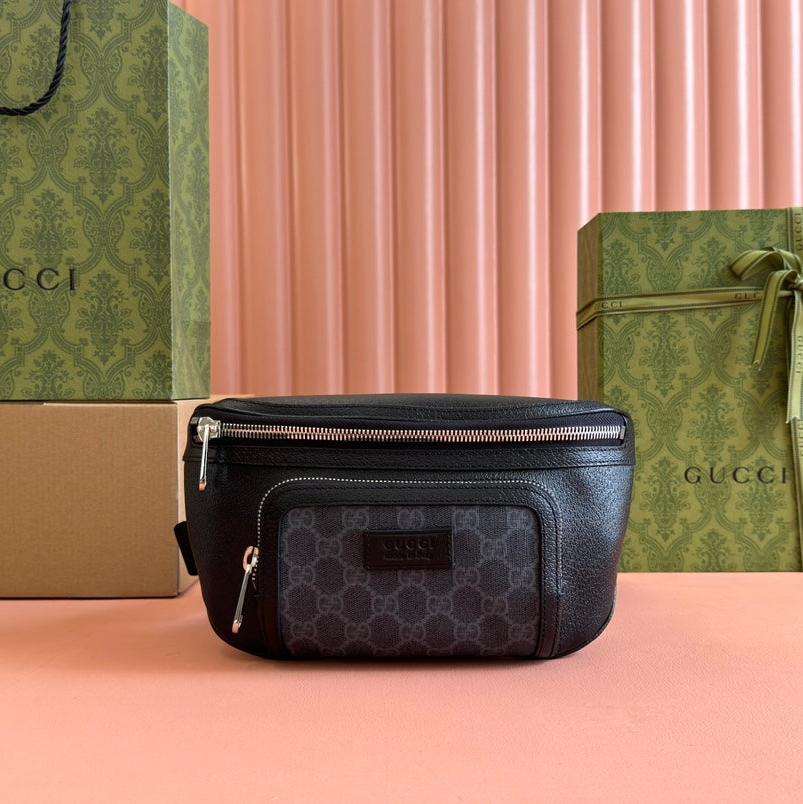 Luxury Gucci SMALL BELT BAG 29 IN BLACK CALFSKIN AND DARK GRAY MONOGRAM CANVAS