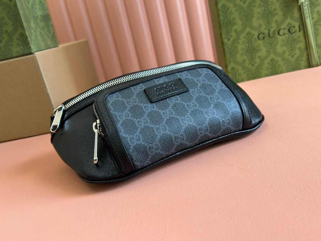 Luxury Gucci SMALL BELT BAG 29 IN BLACK CALFSKIN AND DARK GRAY MONOGRAM CANVAS