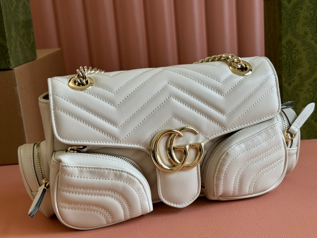 Luxury Gucci MARMONT SMALL MULTI-POCKET BAG 25 IN WHITE CALFSKIN GOLD HARDWARE