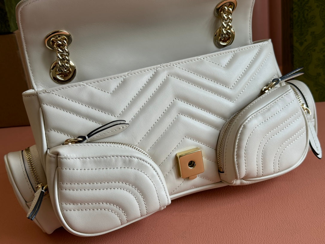 Luxury Gucci MARMONT SMALL MULTI-POCKET BAG 25 IN WHITE CALFSKIN GOLD HARDWARE