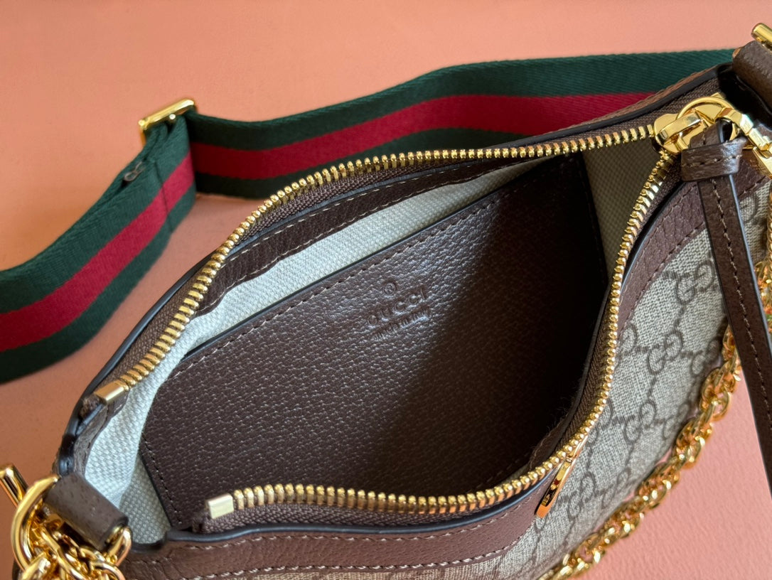 Luxury Gucci OPHIDIA SMALL SHOULDER BAG 25 IN BEIGE EBONY CANVAS AND DARK BROWN LAMBSKIN GOLD HARDWARE