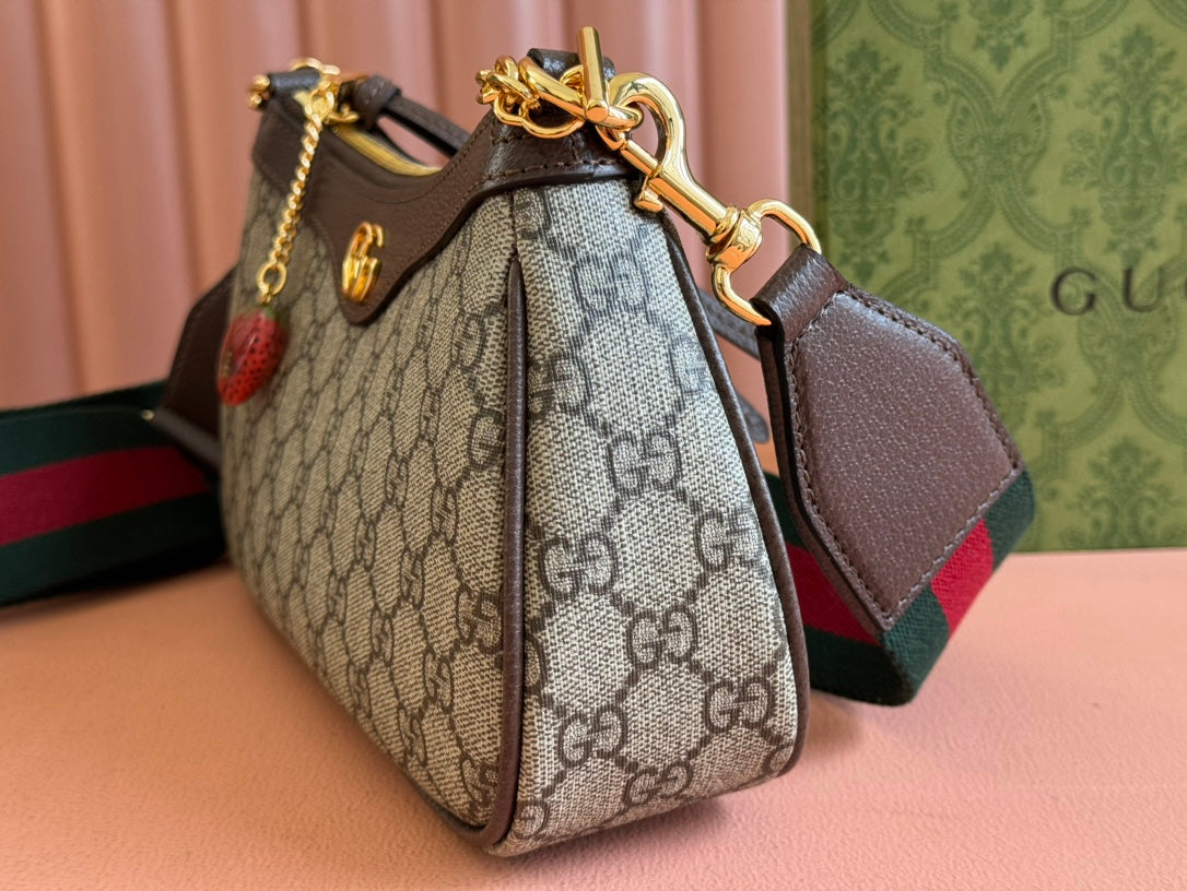 Luxury Gucci OPHIDIA SMALL SHOULDER BAG 25 IN BEIGE EBONY CANVAS AND DARK BROWN LAMBSKIN GOLD HARDWARE