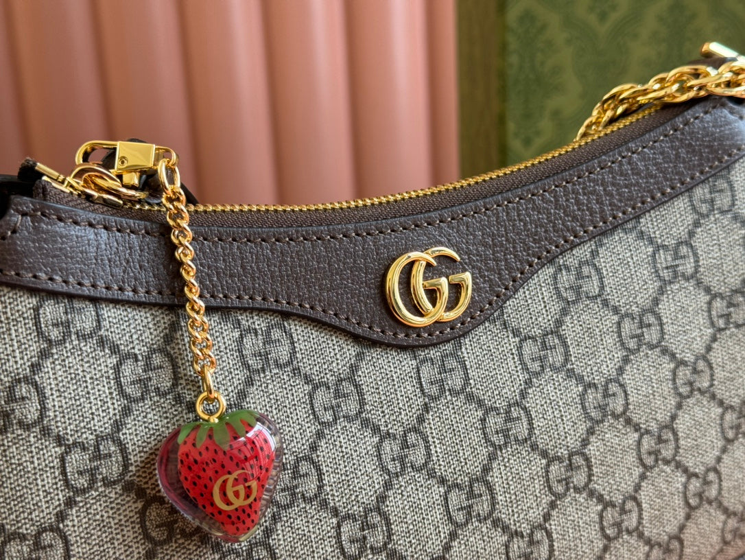 Luxury Gucci OPHIDIA SMALL SHOULDER BAG 25 IN BEIGE EBONY CANVAS AND DARK BROWN LAMBSKIN GOLD HARDWARE