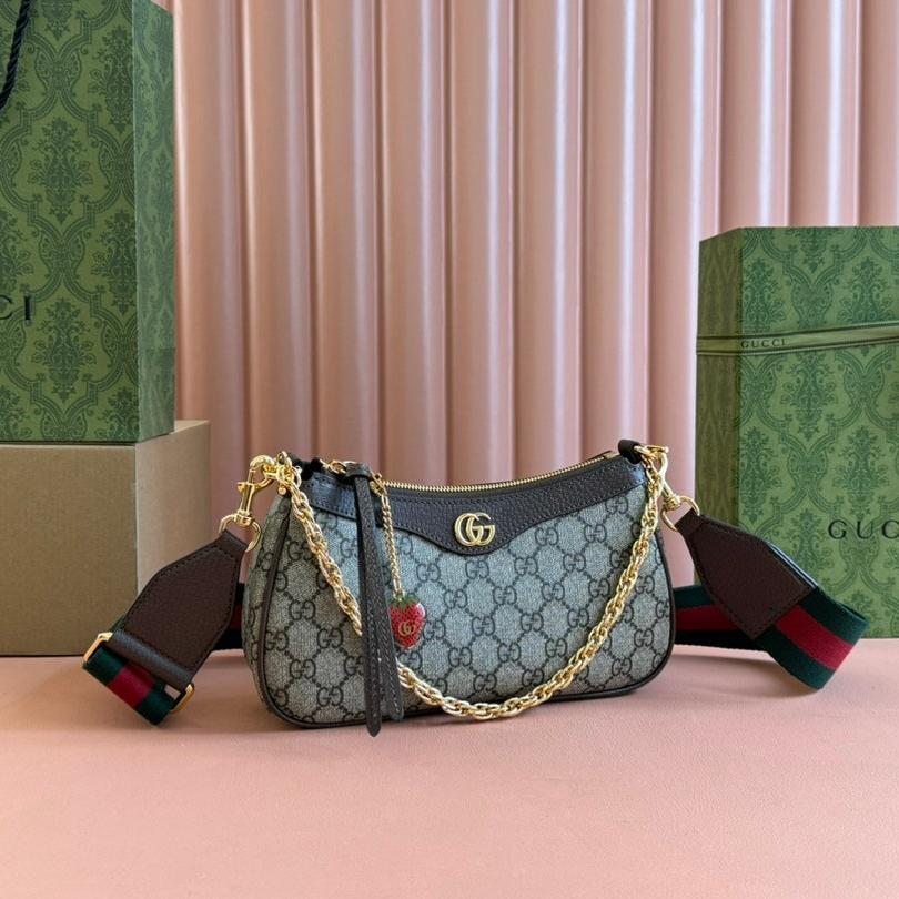 Luxury Gucci OPHIDIA SMALL SHOULDER BAG 25 IN BEIGE EBONY CANVAS AND DARK BROWN LAMBSKIN GOLD HARDWARE