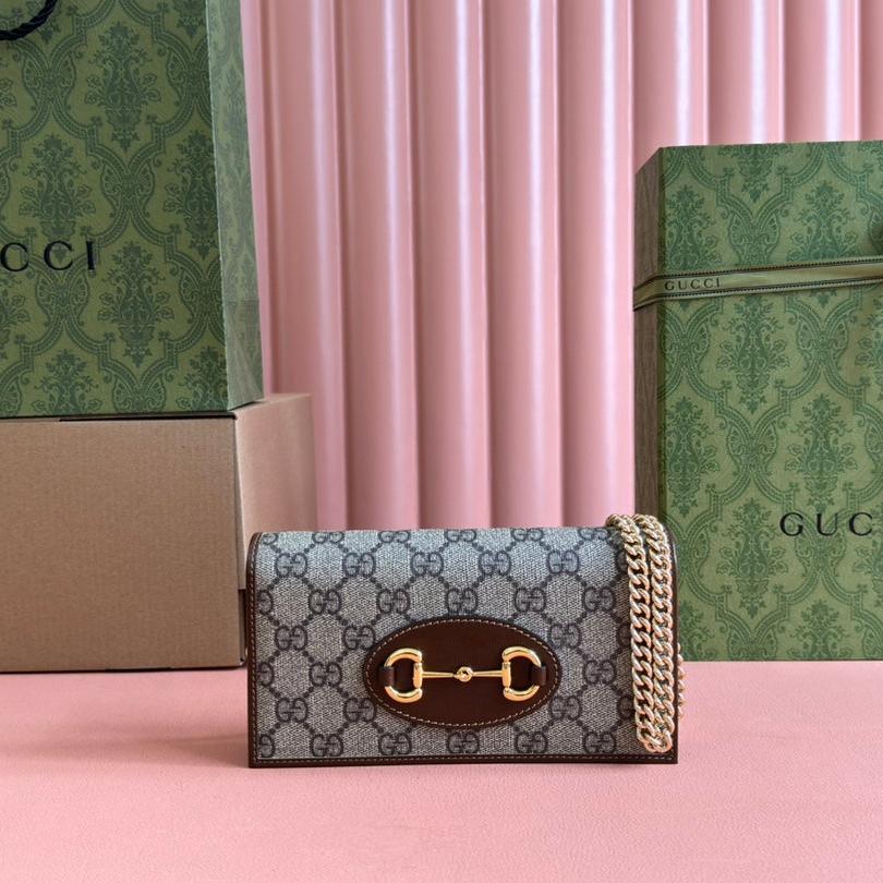 Luxury Gucci HORSEBIT 1955 WALLET IN BEIGE EBONY CANVAS MIX BROWN CALFSKIN GOLD CHAIN