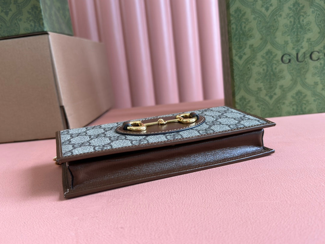 Luxury Gucci HORSEBIT 1955 WALLET IN BEIGE EBONY CANVAS MIX BROWN CALFSKIN GOLD CHAIN
