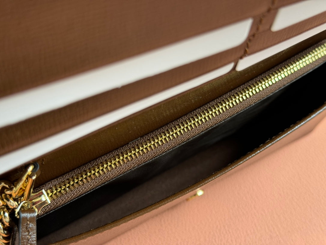 Luxury Gucci HORSEBIT 1955 WALLET IN BEIGE EBONY CANVAS MIX BROWN CALFSKIN GOLD CHAIN