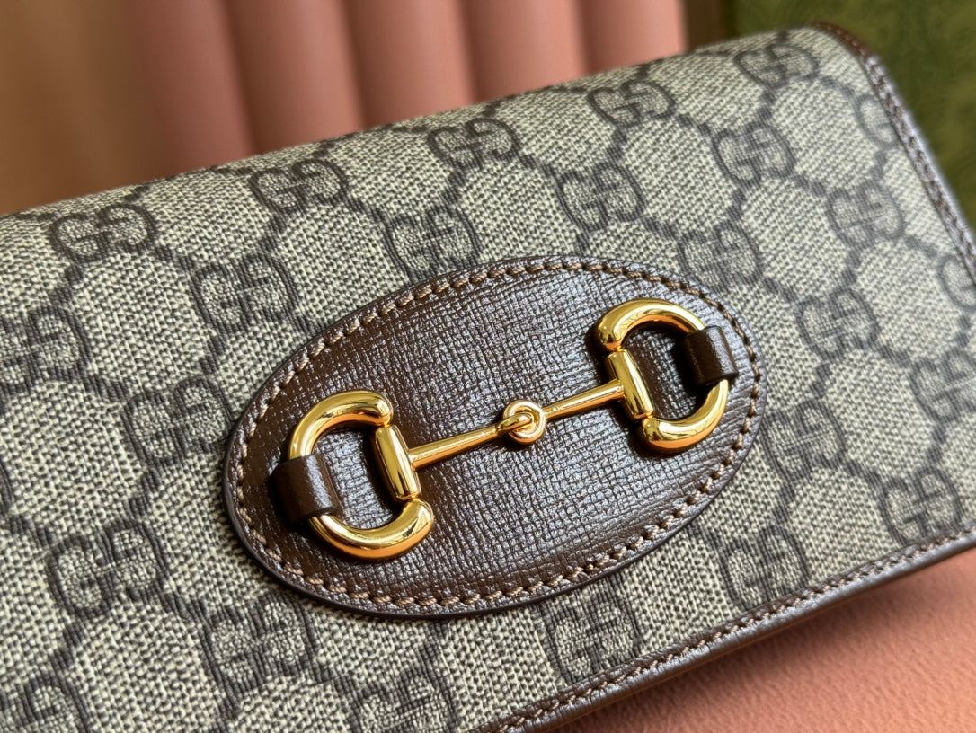 Luxury Gucci HORSEBIT 1955 WALLET IN BEIGE EBONY CANVAS MIX BROWN CALFSKIN GOLD CHAIN