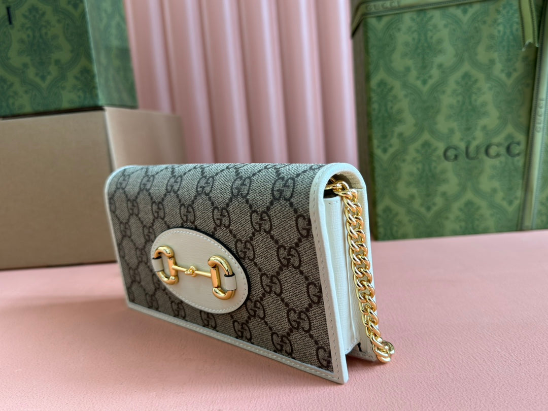Luxury Gucci HORSEBIT 1955 WALLET IN BEIGE EBONY CANVAS MIX WHITE CALFSKIN GOLD CHAIN