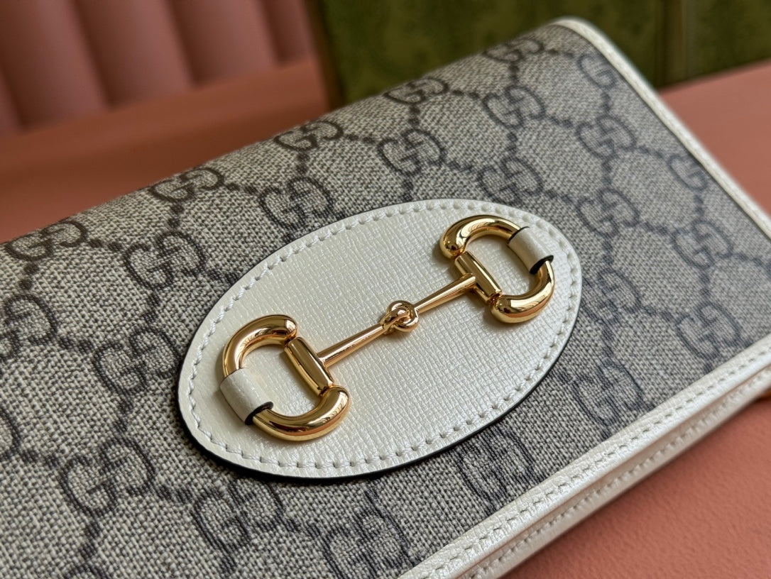 Luxury Gucci HORSEBIT 1955 WALLET IN BEIGE EBONY CANVAS MIX WHITE CALFSKIN GOLD CHAIN