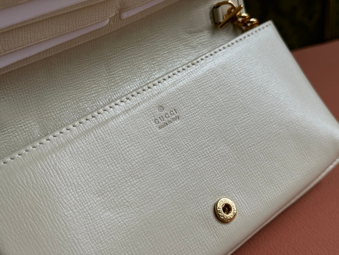 Luxury Gucci HORSEBIT 1955 WALLET IN BEIGE EBONY CANVAS MIX WHITE CALFSKIN GOLD CHAIN