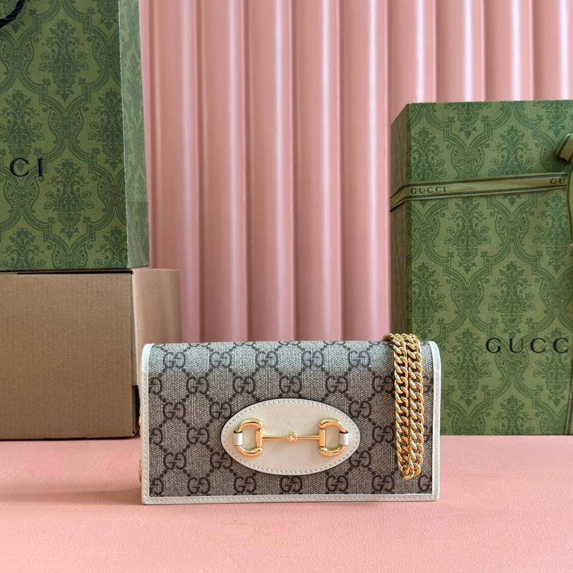 Luxury Gucci HORSEBIT 1955 WALLET IN BEIGE EBONY CANVAS MIX WHITE CALFSKIN GOLD CHAIN