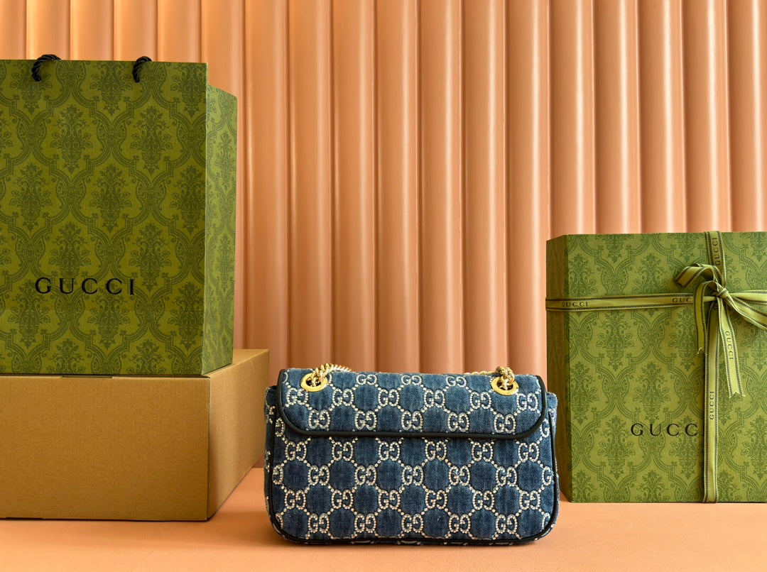 Luxury Gucci MARMONT SHOULDER BAG 26 IN BLUE DENIM WITH DOUBLE G CRYSTAL PATTERN GOLD HARDWARE