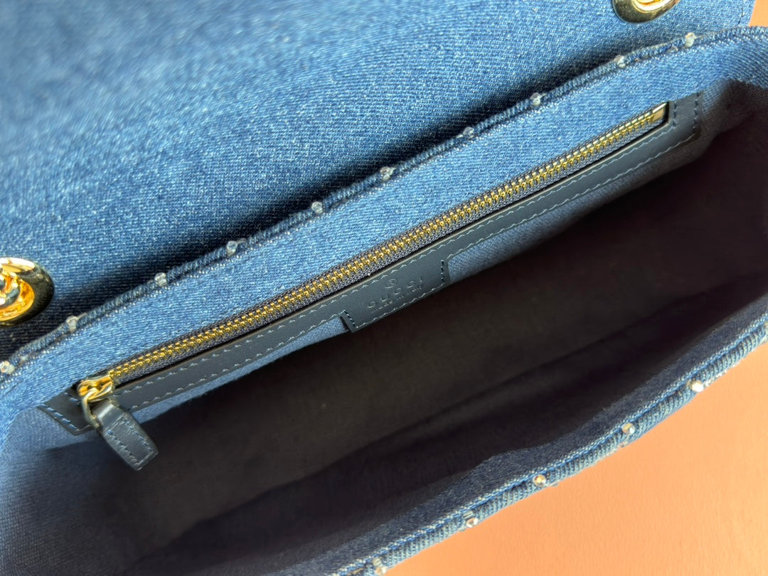 Luxury Gucci MARMONT SHOULDER BAG 26 IN BLUE DENIM WITH DOUBLE G CRYSTAL PATTERN GOLD HARDWARE