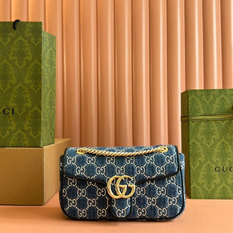 Luxury Gucci MARMONT SHOULDER BAG 26 IN BLUE DENIM WITH DOUBLE G CRYSTAL PATTERN GOLD HARDWARE