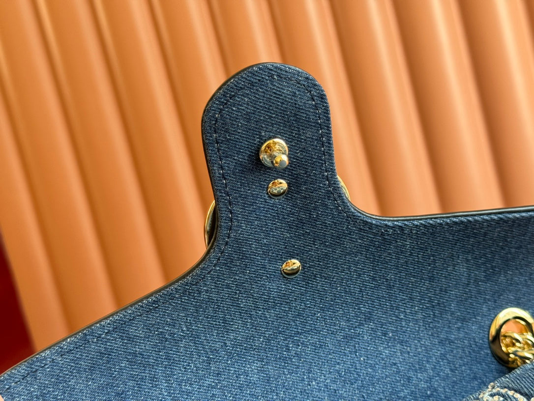 Luxury Gucci MARMONT SHOULDER BAG 26 IN BLUE DENIM WITH DOUBLE G CRYSTAL PATTERN GOLD HARDWARE