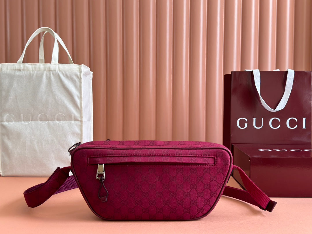 Luxury Gucci BELT BAG 34 IN CURRANT RED MONOGRAM CANVAS