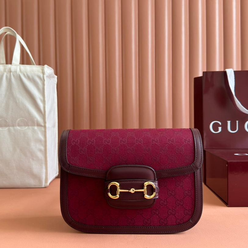 Luxury Gucci HORSEBIT 1955 SHOULDER BAG 25 IN WINE RED CANVAS AND CALFSKIN GOLD HARDWARE