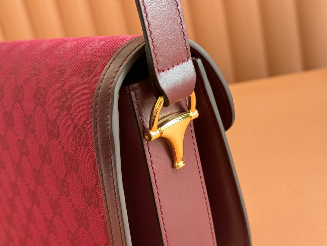 Luxury Gucci HORSEBIT 1955 SHOULDER BAG 25 IN WINE RED CANVAS AND CALFSKIN GOLD HARDWARE