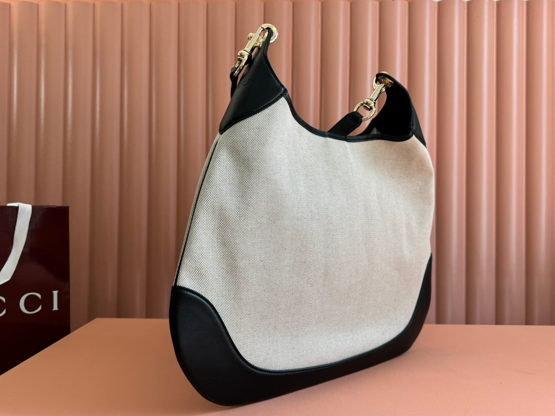 Luxury Gucci BODY MEDIUM SHOULDER BAD 49 IN NATURAL CANVAS AND BLACK CALFSKIN GOLD HARDWARE
