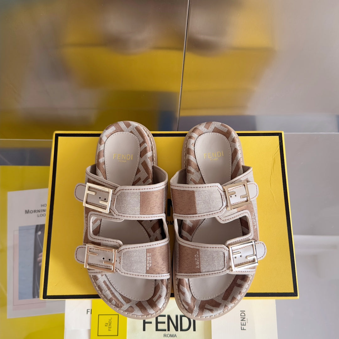 Luxury FendiFF Feel Light Brown Grey Canvas Slide